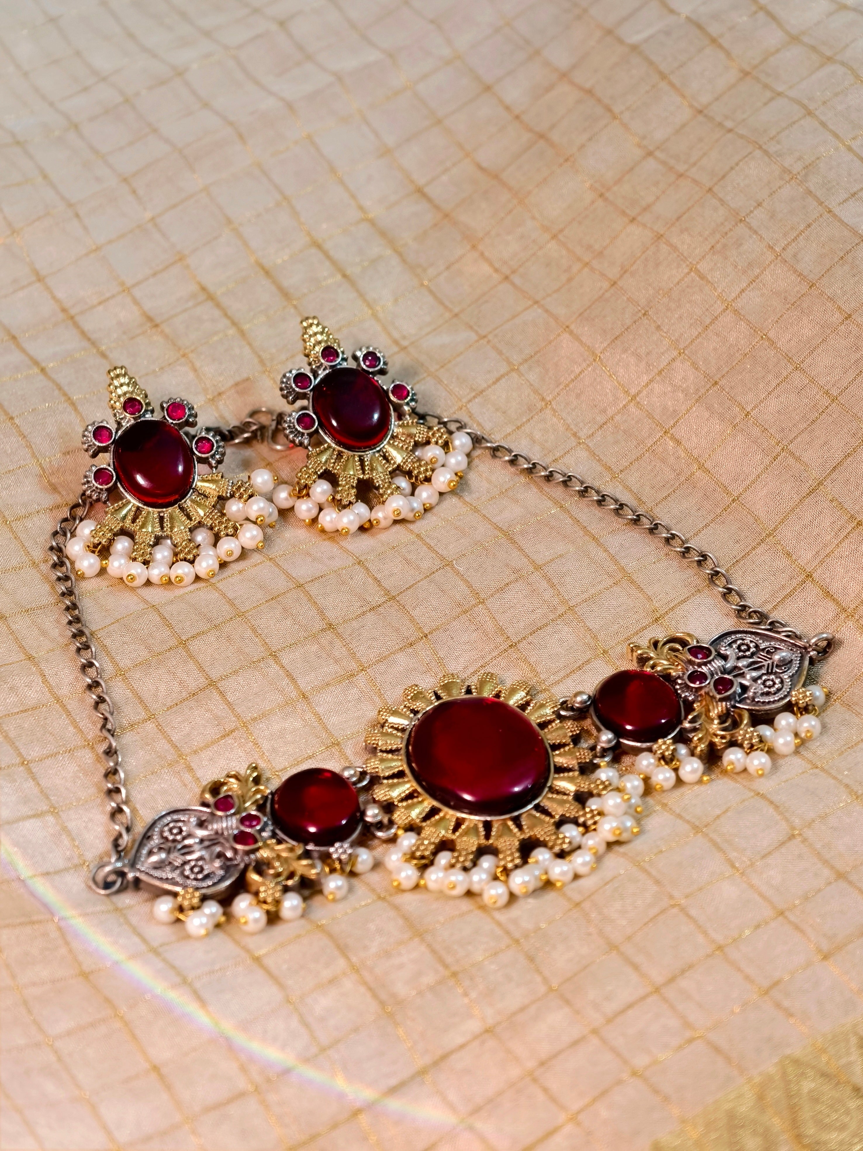 Red stone silver & gold finish choker set | GJNS011