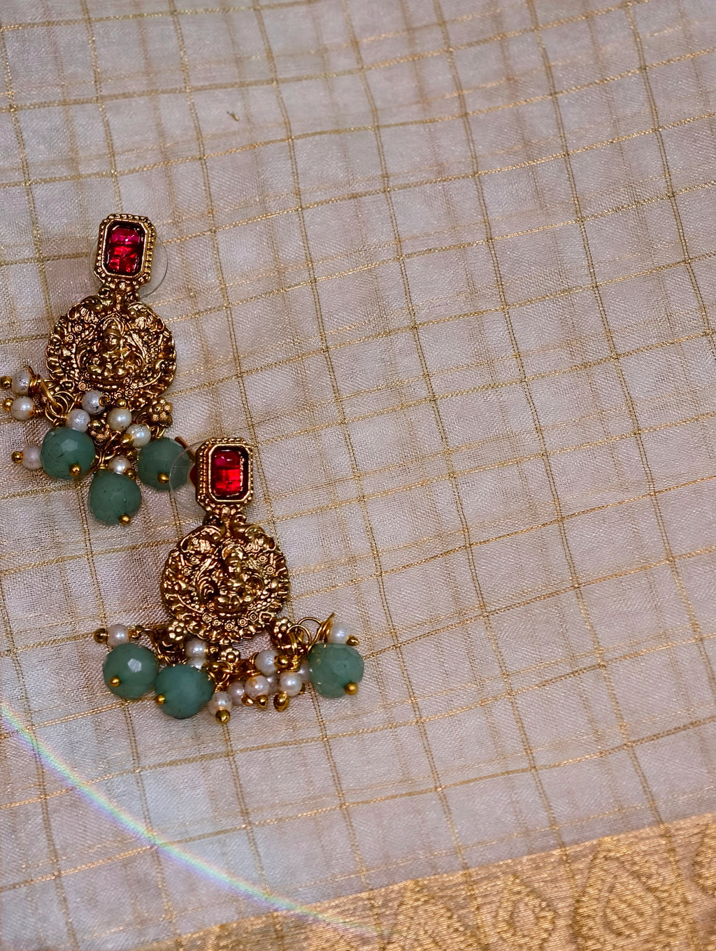 Pearl and turquoise beaded Lakshmi haar necklace set| GJNS021