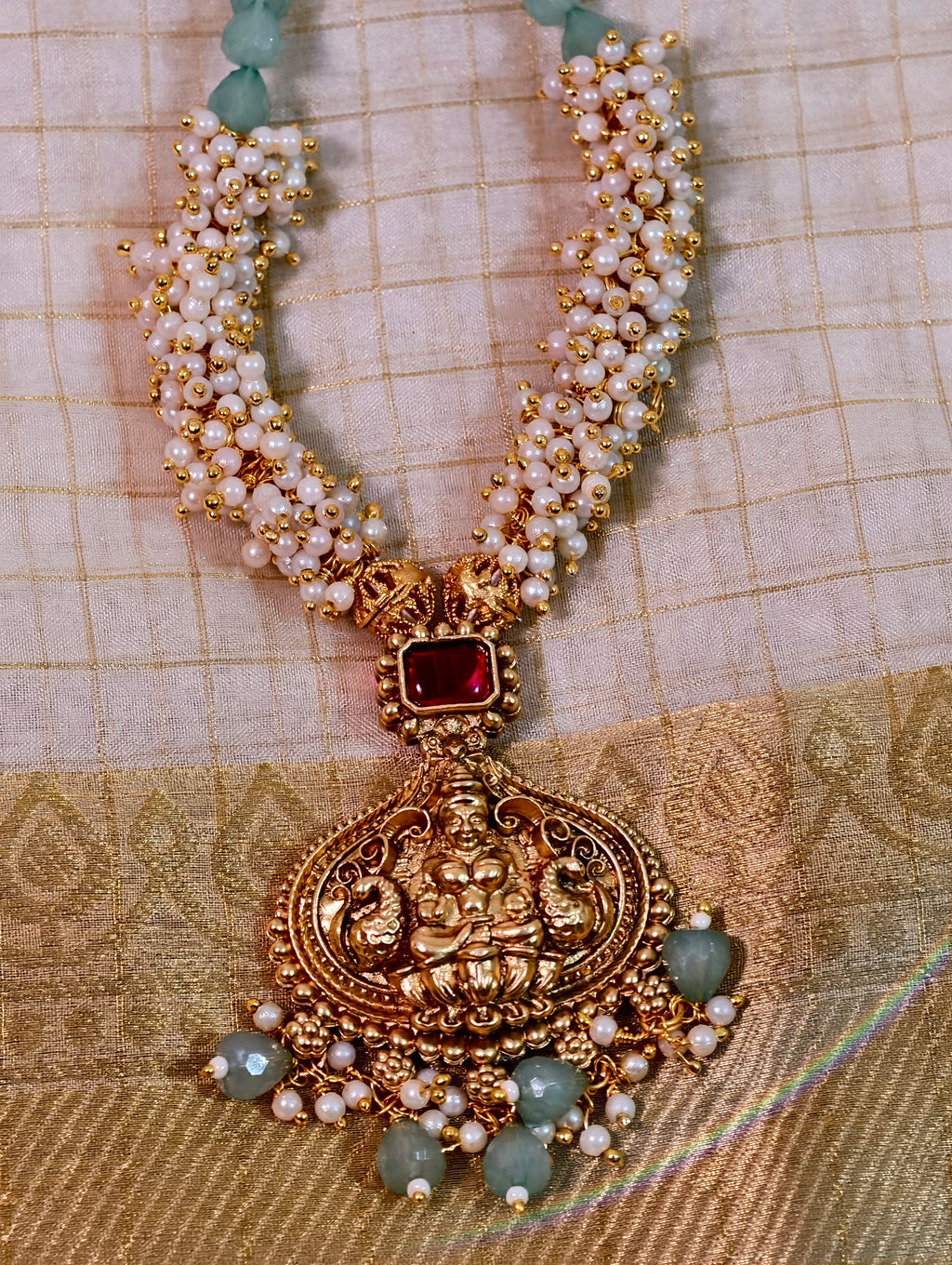 Pearl and turquoise beaded Lakshmi haar necklace set| GJNS021