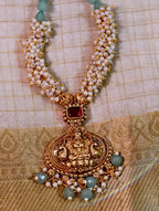 Pearl and turquoise beaded Lakshmi haar necklace set| GJNS021