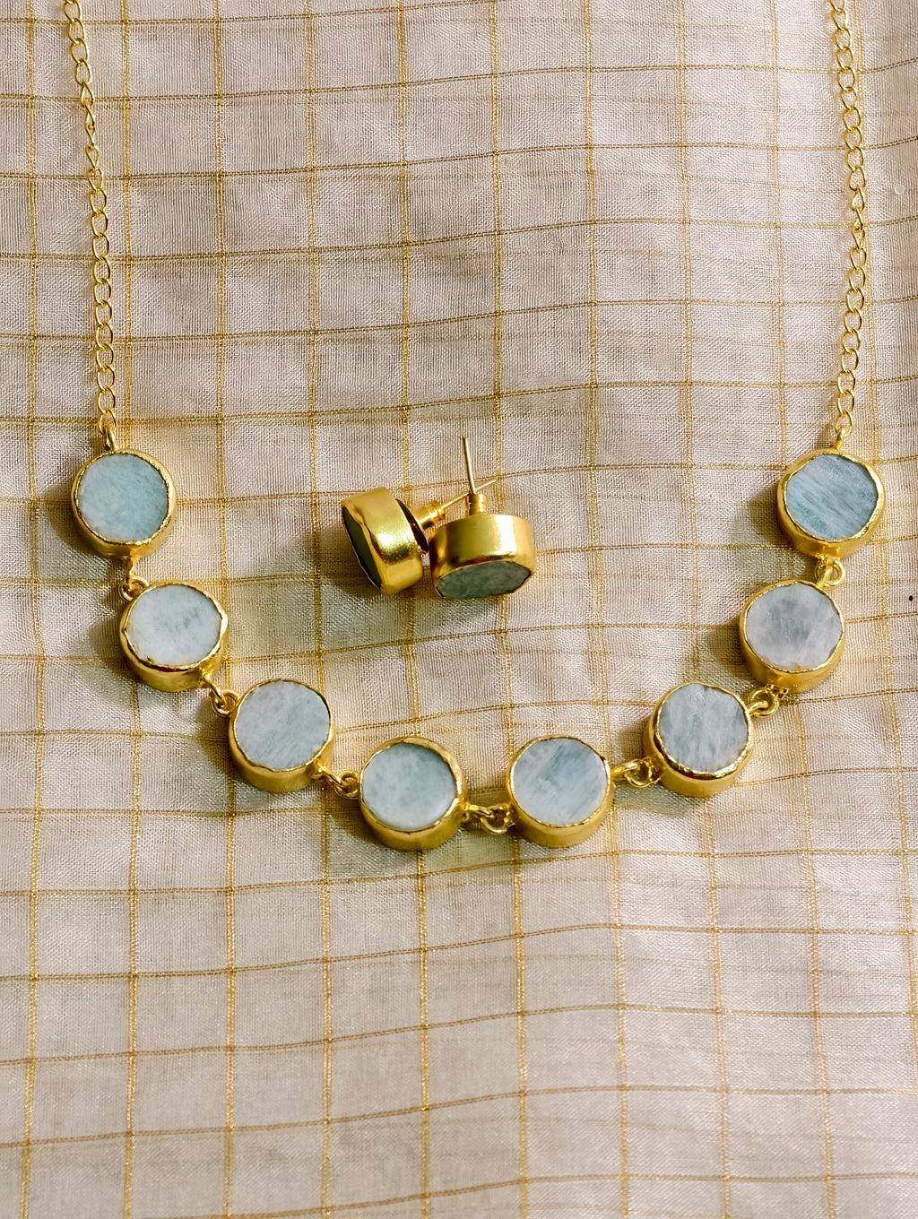 Red and Blue Stone brass necklace set | GJNS032