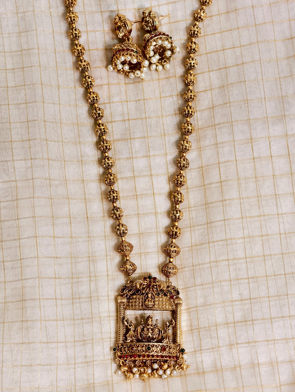 Antique Finish Lakshmi Devi Temple Haram with Pearl Jhumkas| GJNS040