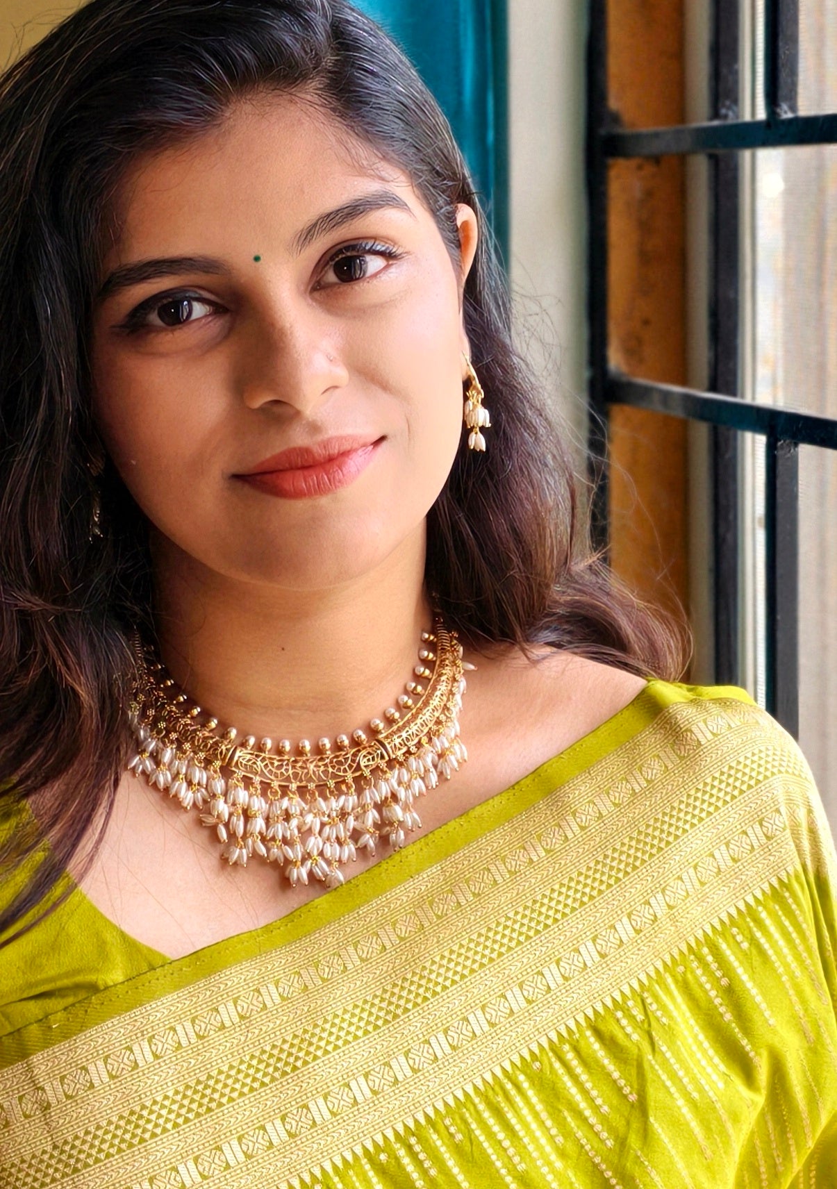 Ethnic Pearl Drop Brass Necklace Set| GJNS050