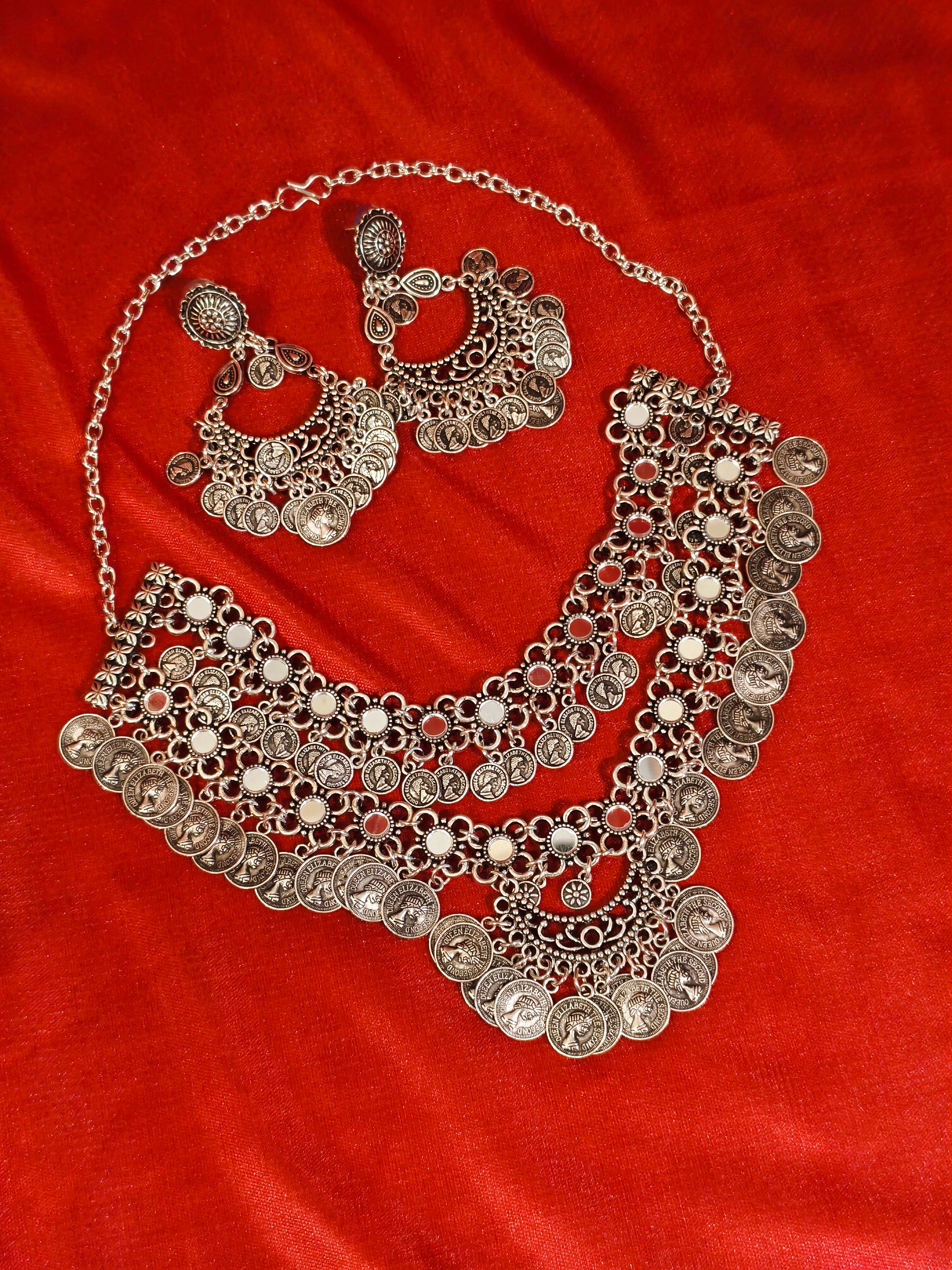 Oxidised silver layered necklace set | GJNS059