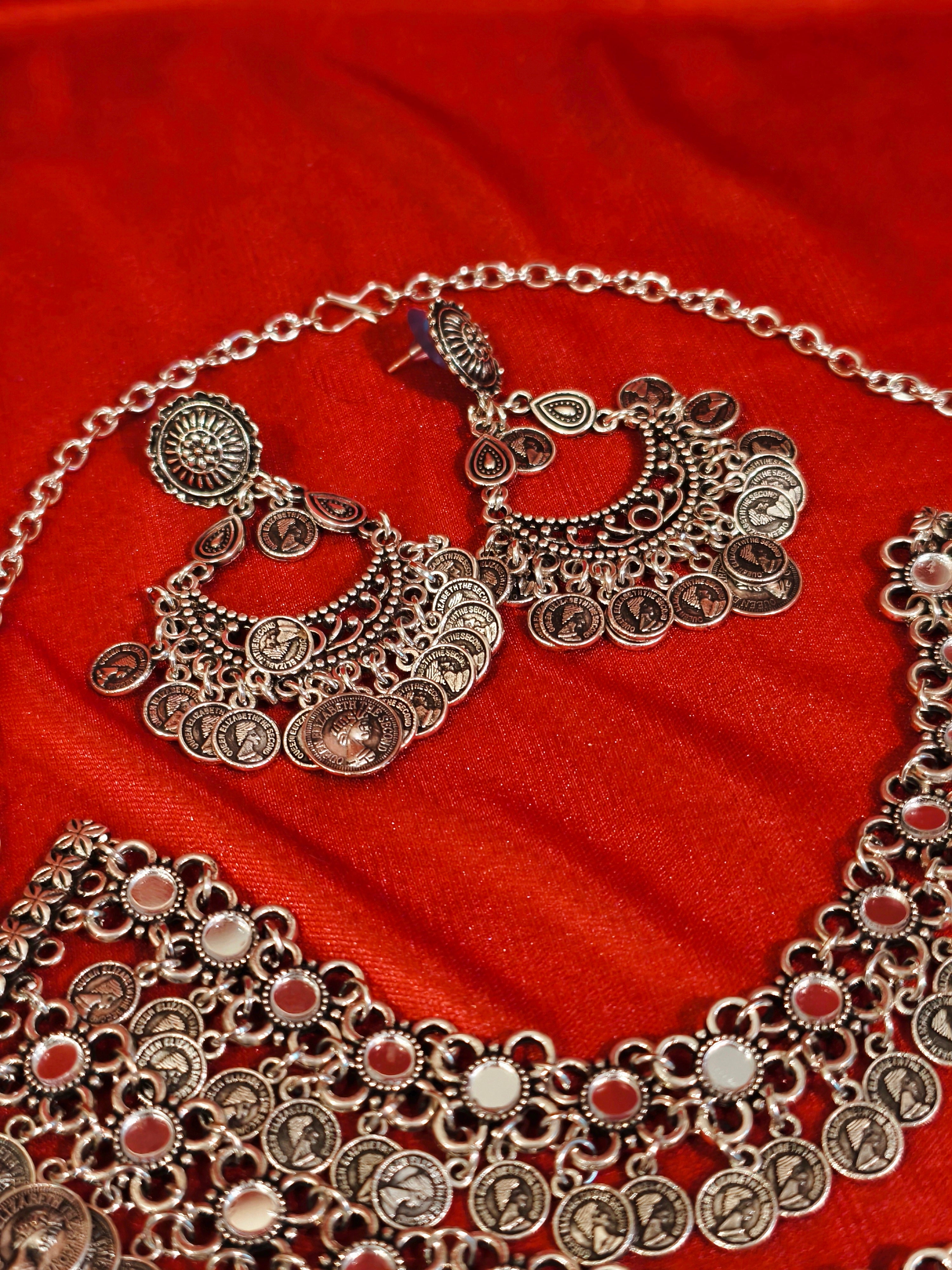 Oxidised silver layered necklace set | GJNS059