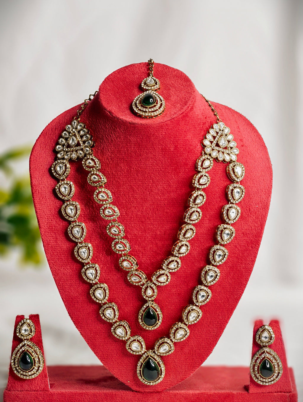Two Layer Kundan Necklace Set with Emerald Green Stone Pendant | GJNS083