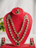 Two Layer Kundan Necklace Set with Emerald Green Stone Pendant | GJNS083