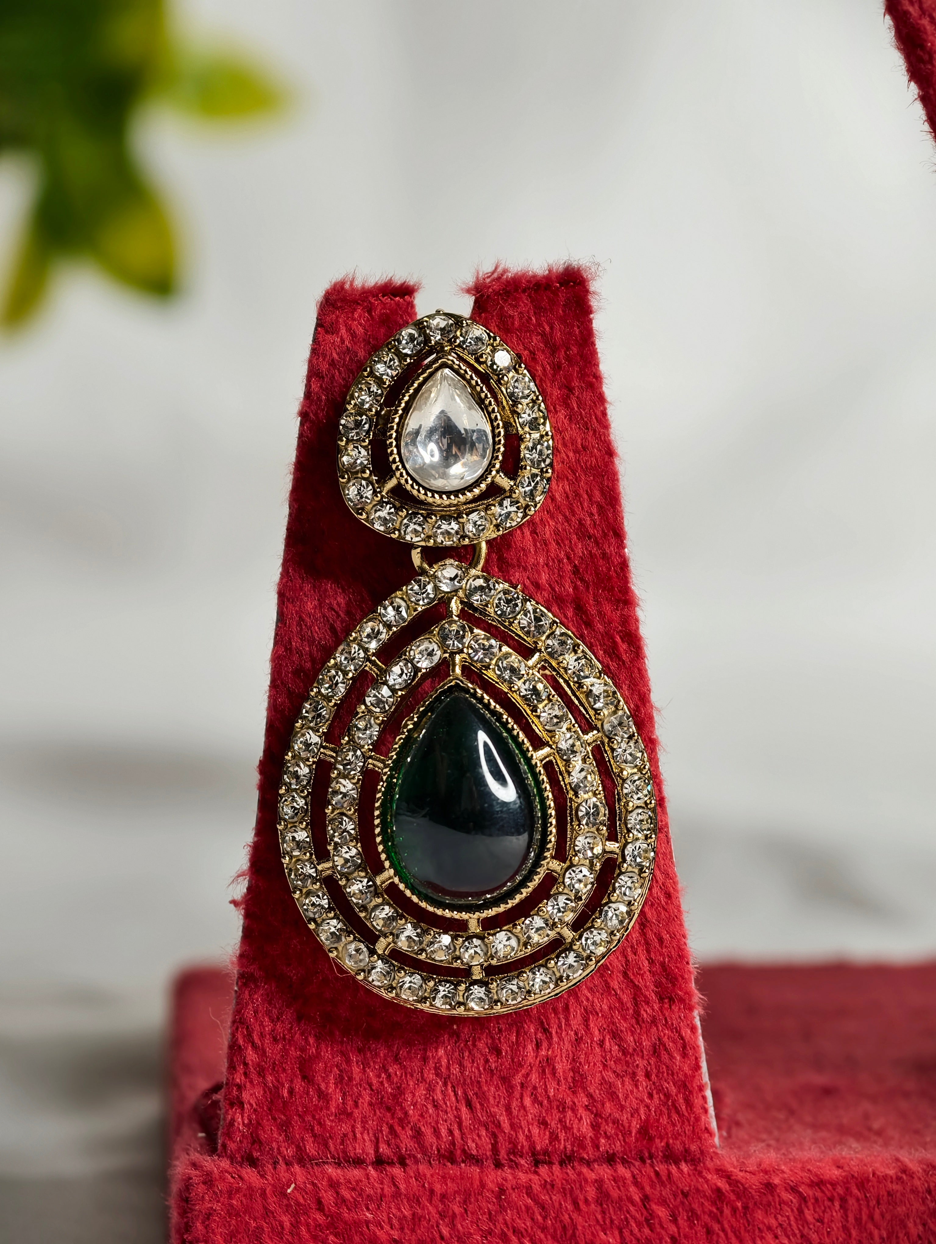 Two Layer Kundan Necklace Set with Emerald Green Stone Pendant | GJNS083