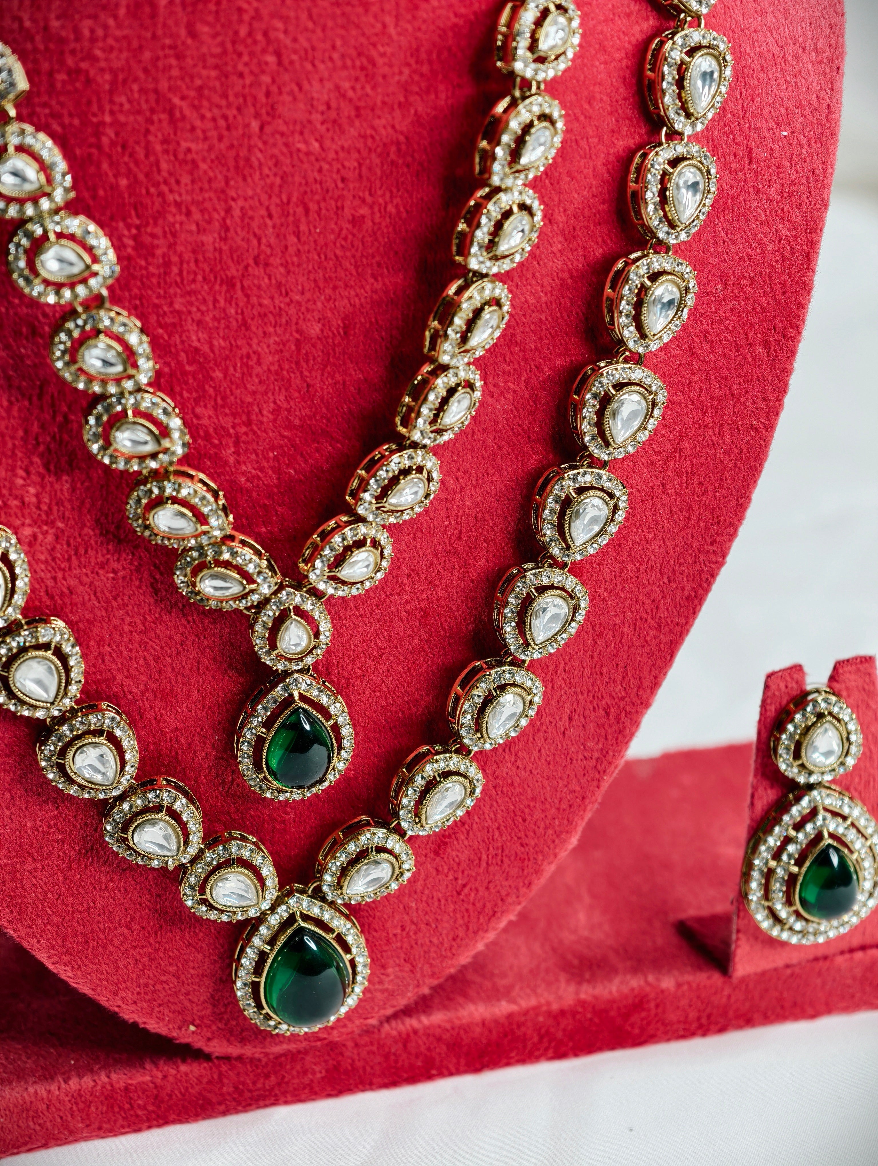 Two Layer Kundan Necklace Set with Emerald Green Stone Pendant | GJNS083