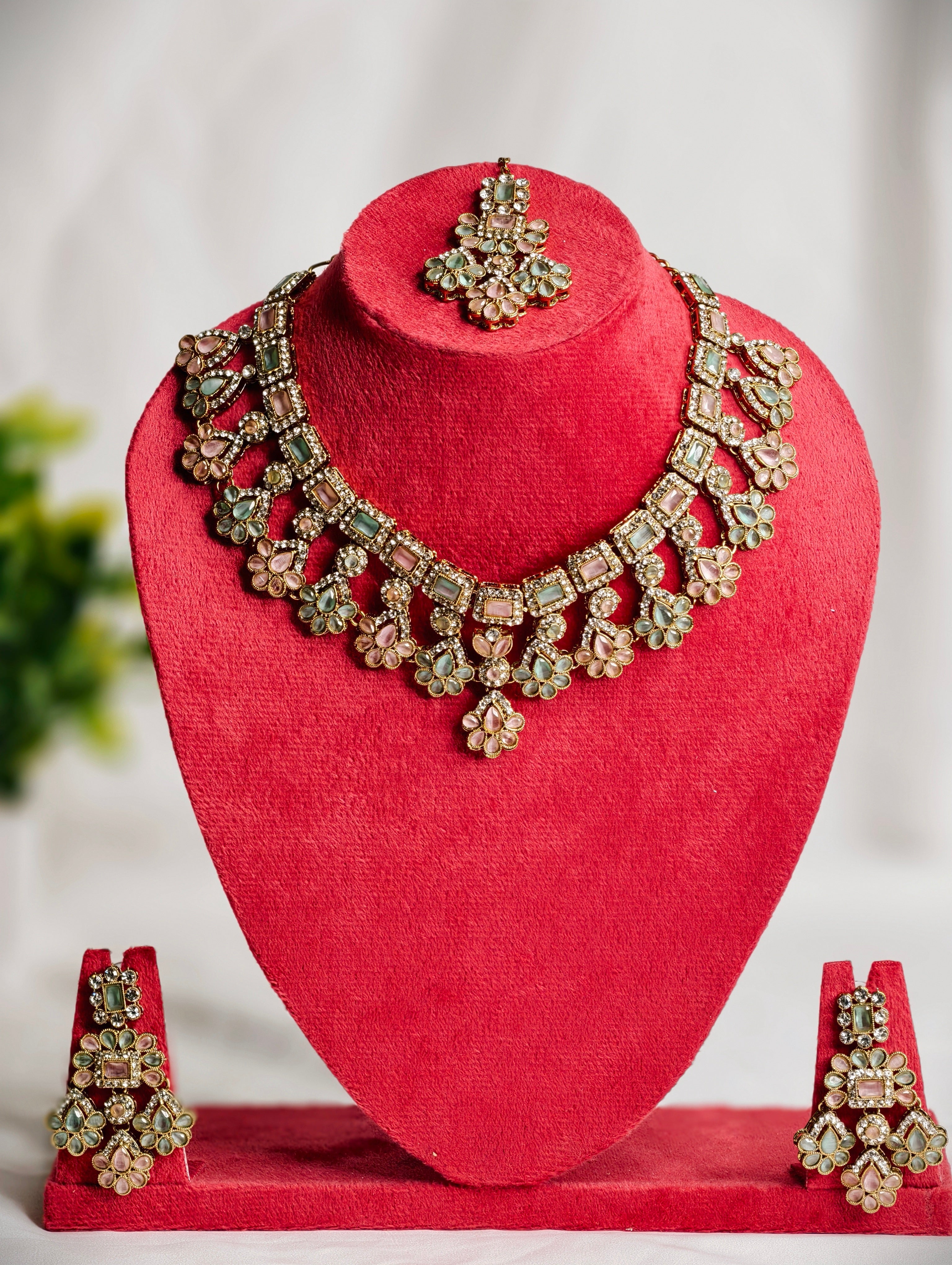 Pastel Shade Necklace Set with Maang Tikka | GJNS086