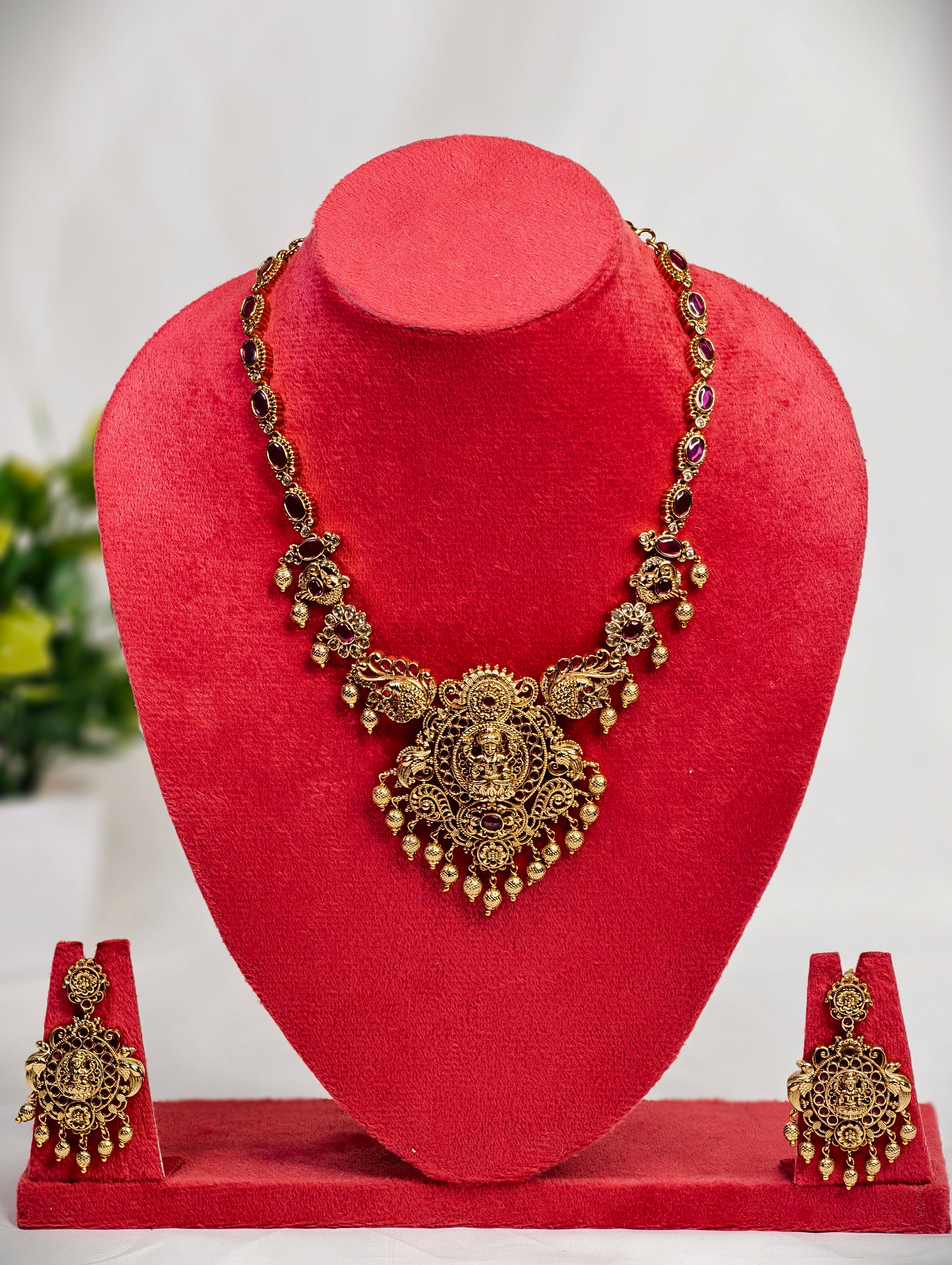 Tradiotional Lakshmi Haaram with Red Kemp Stones