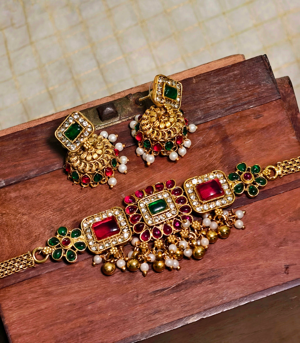 Multi colour AD Antique Temple Choker| GJNS048