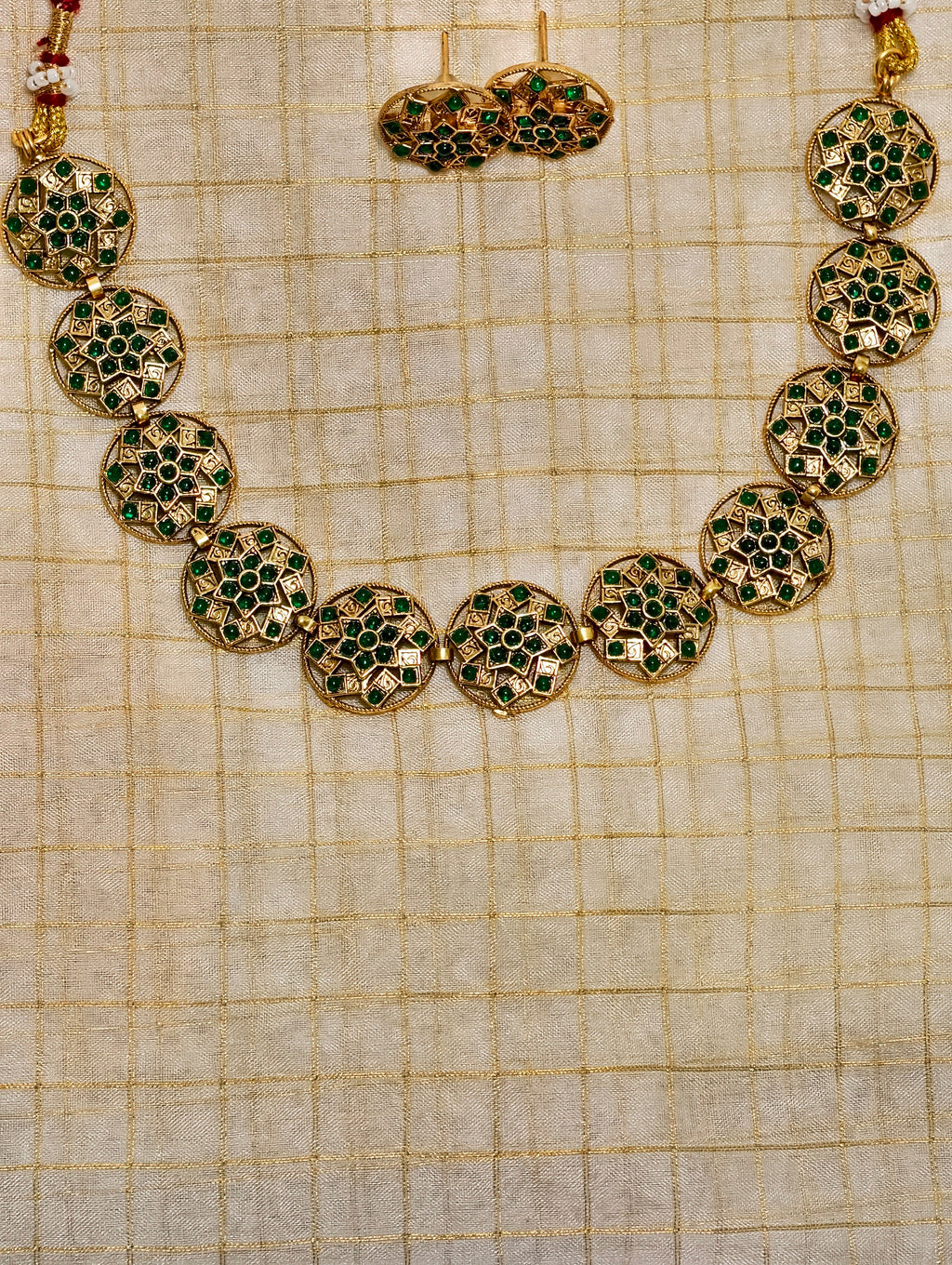Green stone antique necklace set | GJNS049