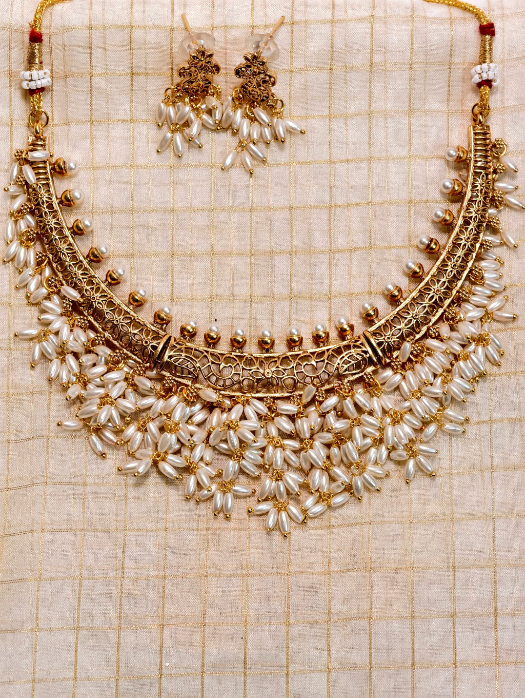 Ethnic Pearl Drop Brass Necklace Set| GJNS050